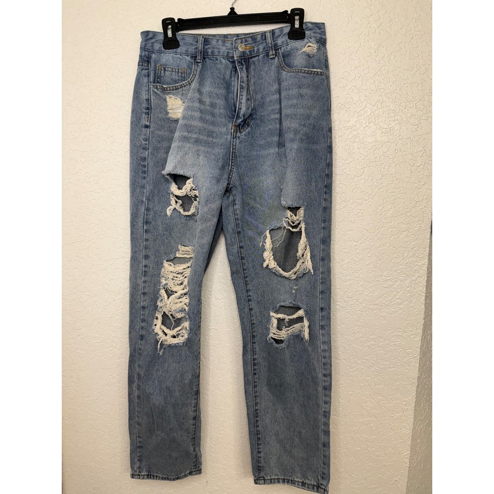 SHEIN Womens High Waisted Distressed Straight Leg‎ Jeans Light Wash Blue Size L